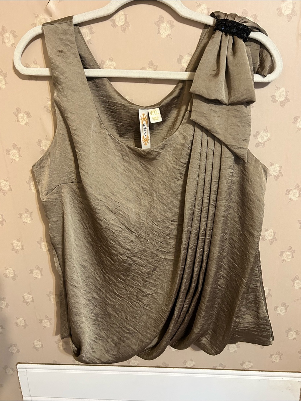 Adiva Olive Taupe Sleeveless Pleated Bow Camisole Evening Cocktail Quiet Luxury